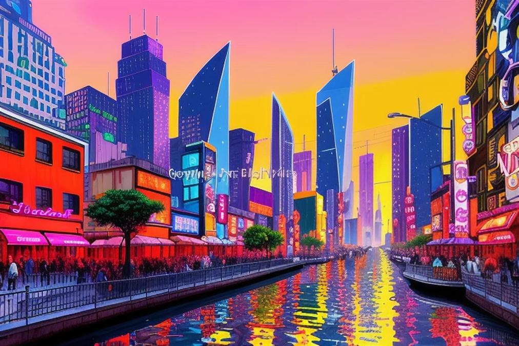 vibrant and colorful cityscape at sunset